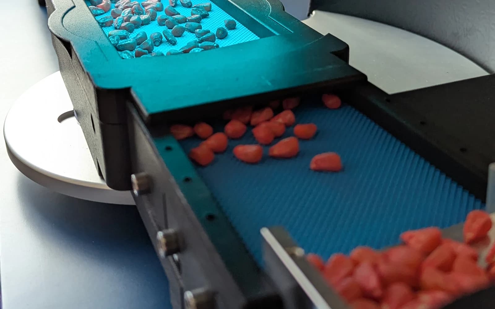 Autofeeder do VideometerLab conduzindo sementes tratadas sob o sistema de captura