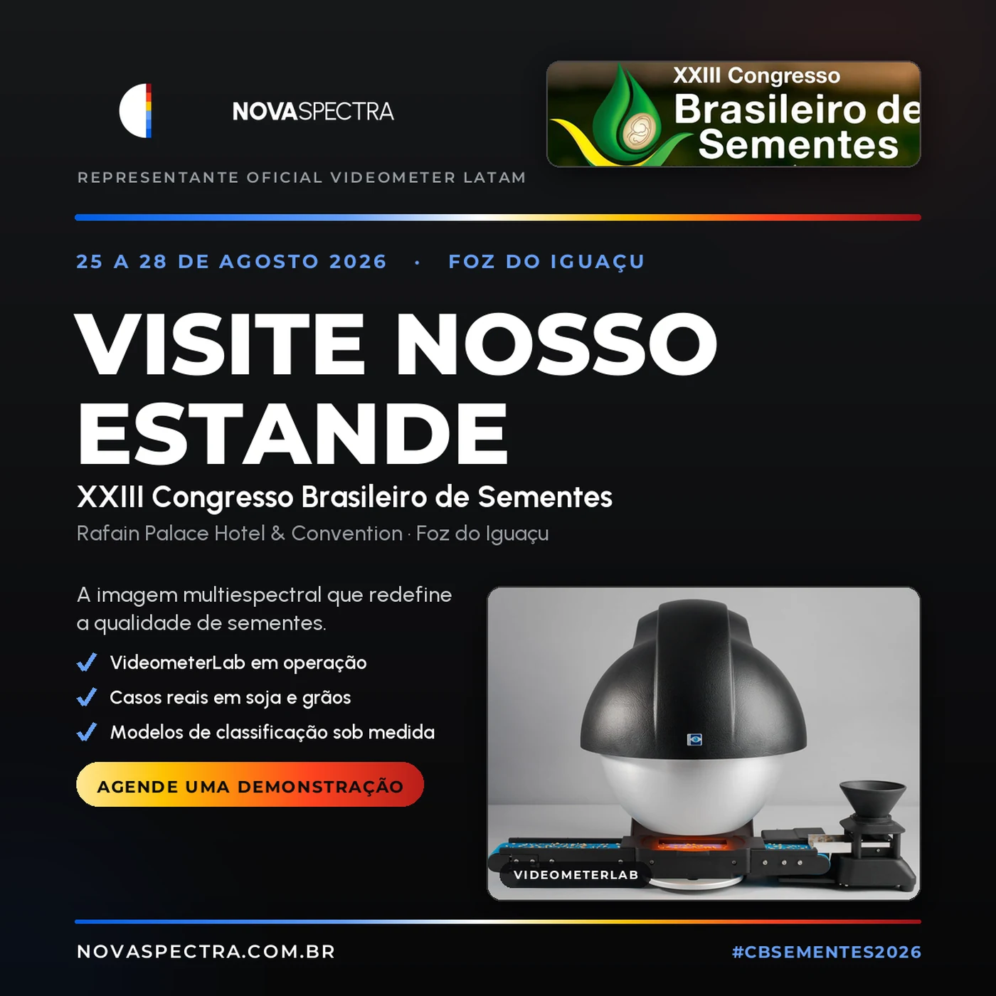 Anúncio da Nova Spectra para o XXIII Congresso Brasileiro de Sementes, com o VideometerLab 4 e Autofeeder